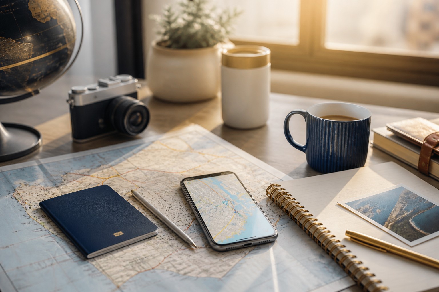 Travel planning desk with a map, notebook, passport and phone